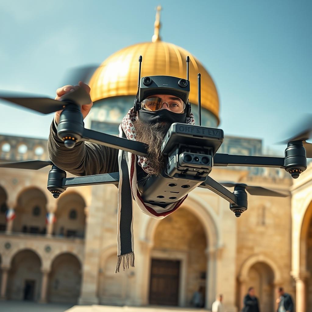 In the courtyard of Al-Aqsa Mosque, a large-built mujahid with a long beard is skillfully flying a bomb-laden FPV (First Person View) kamikaze quadcopter drone