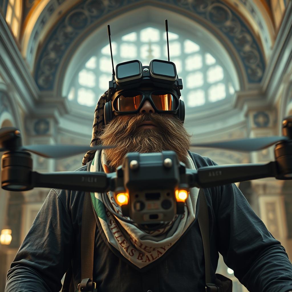 A large-built, long-bearded mujahid flying a bombed FPV kamikaze quadcopter drone in the Al-Aqsa Mosque