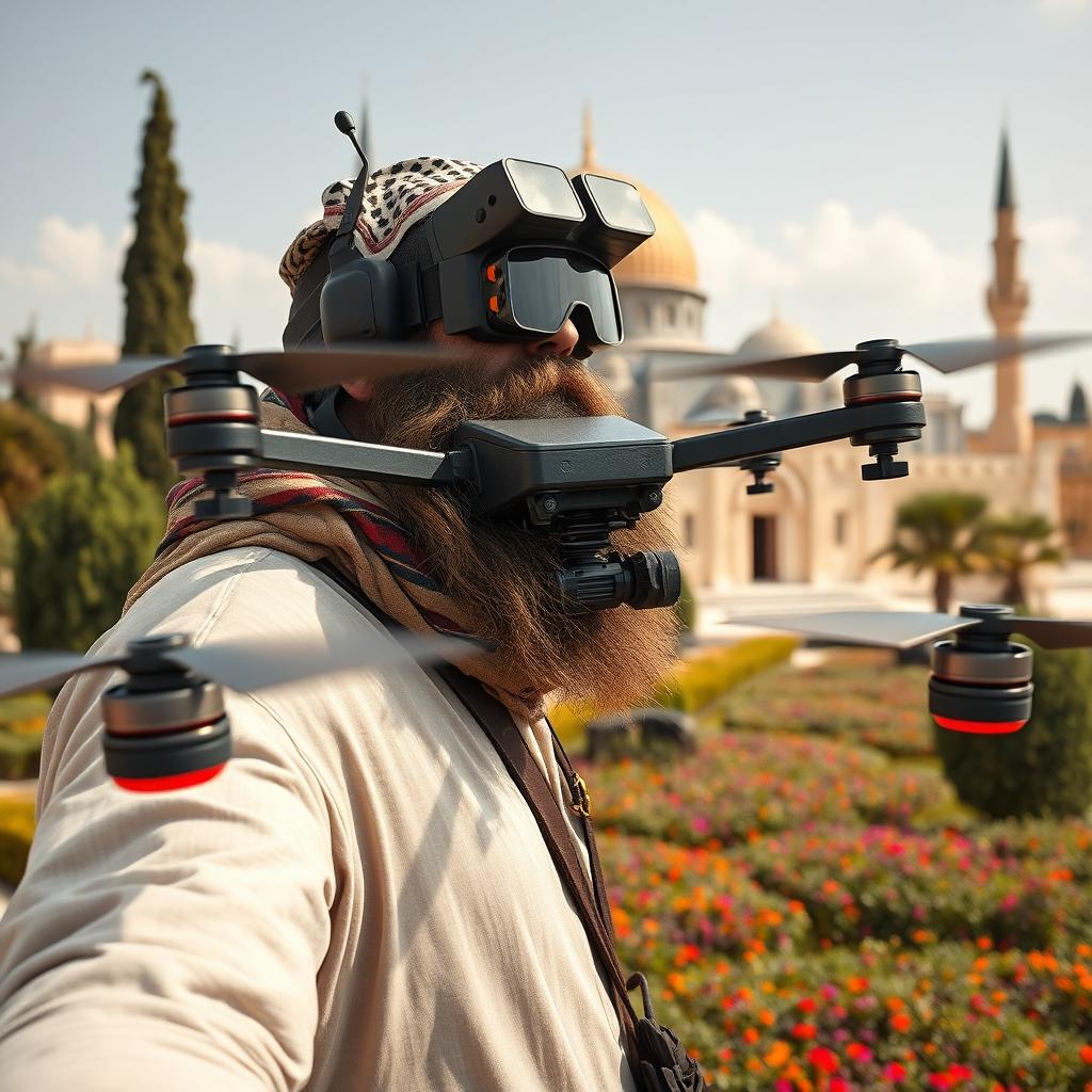 A large-built, long-bearded mujahid in a garden setting at Al-Aqsa Mosque, flying a bomb-laden FPV kamikaze quadcopter drone