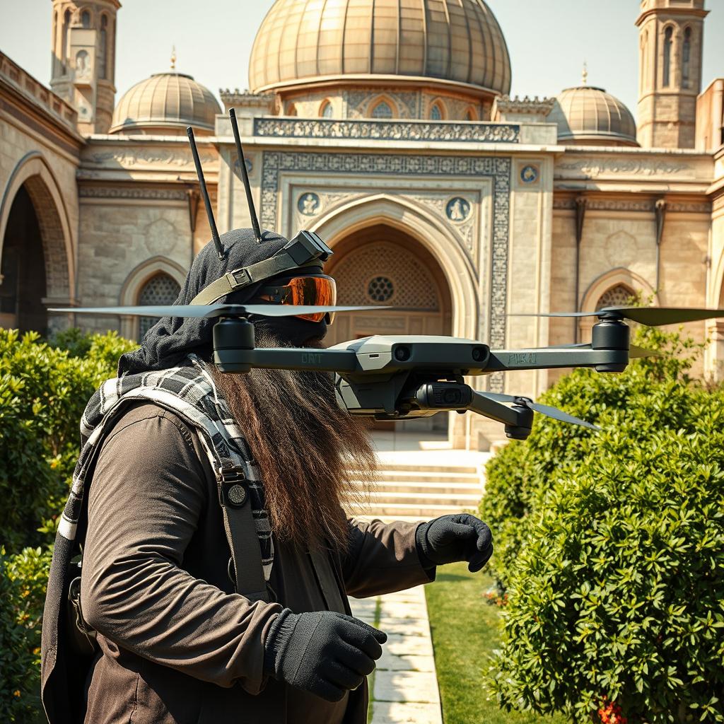 In the garden of Al-Aqsa Mosque, a large-built, long-bearded mujahid is flying a bombed FPV kamikaze quadcopter drone