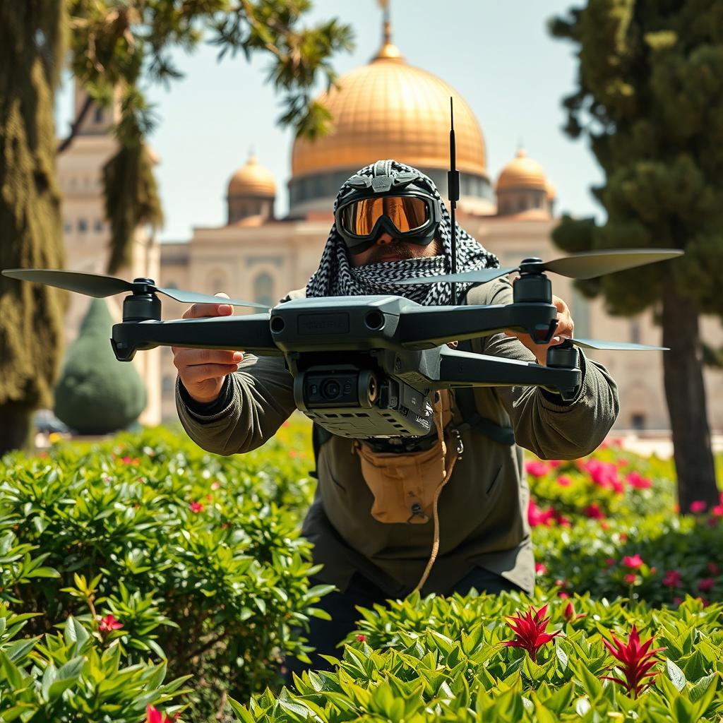 In the lush garden of Masjid Al Aqsa, a large-built, long-bearded mujahid is depicted skillfully piloting a bombed FPV kamikaze quadcopter drone