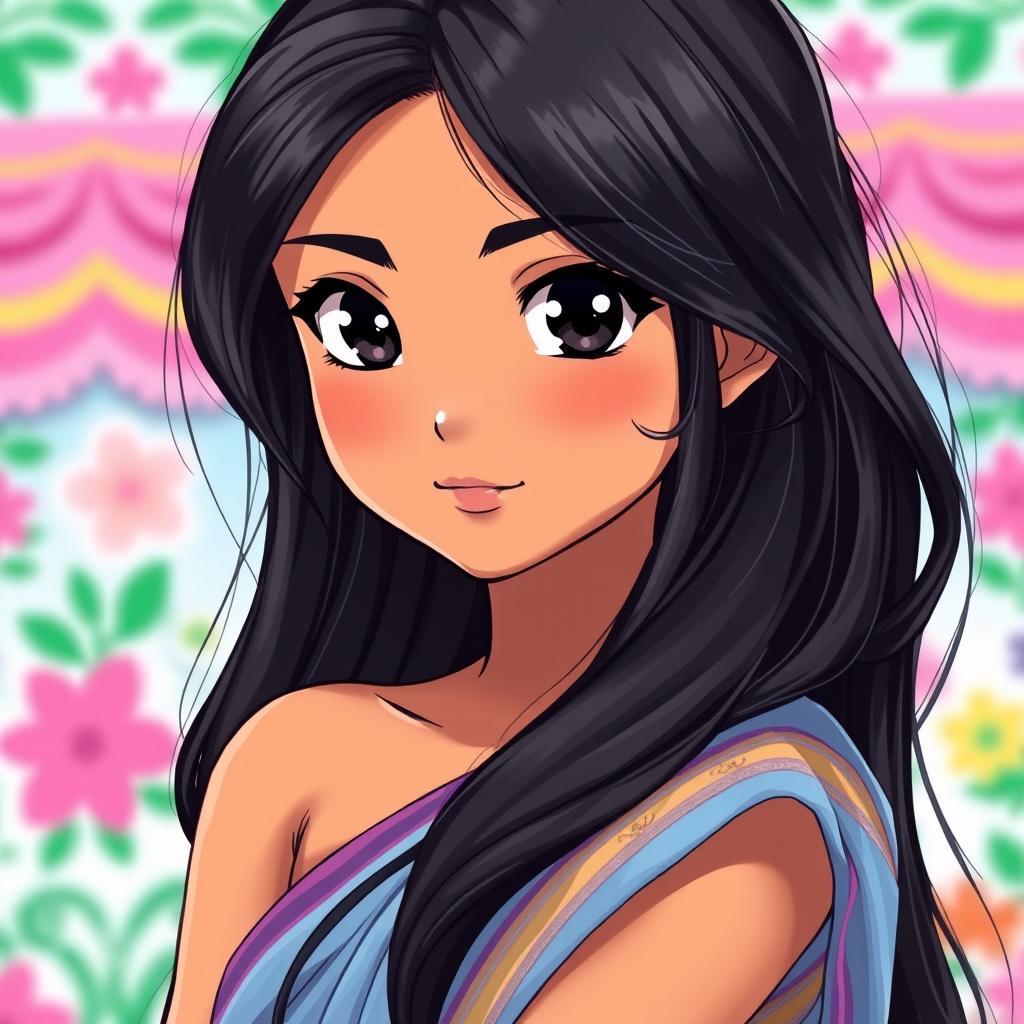 A 15-year-old Indian anime girl with striking black eyes and lush, long black hair, showcasing her beautiful wheatish skin tone
