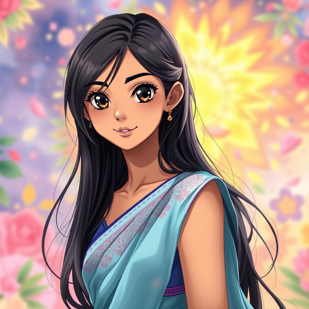 A full-body portrait of a 15-year-old Indian anime girl, featuring her striking black eyes and lush, long black hair