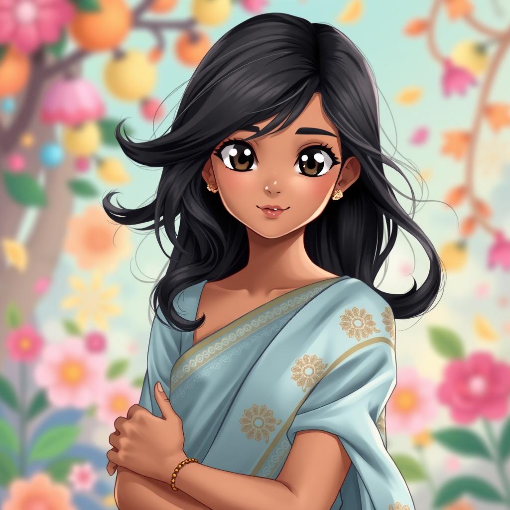 A full-body portrait of a 13-year-old Indian anime girl, characterized by her captivating black eyes and lush, flowing black hair