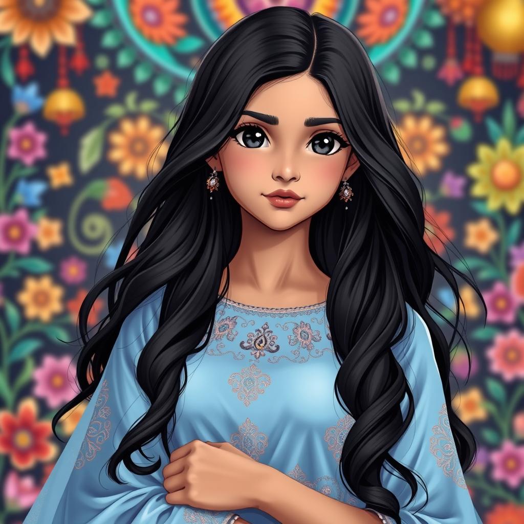 A full-body portrait of a 15-year-old Indian anime girl characterized by her captivating black eyes and lush, long black hair