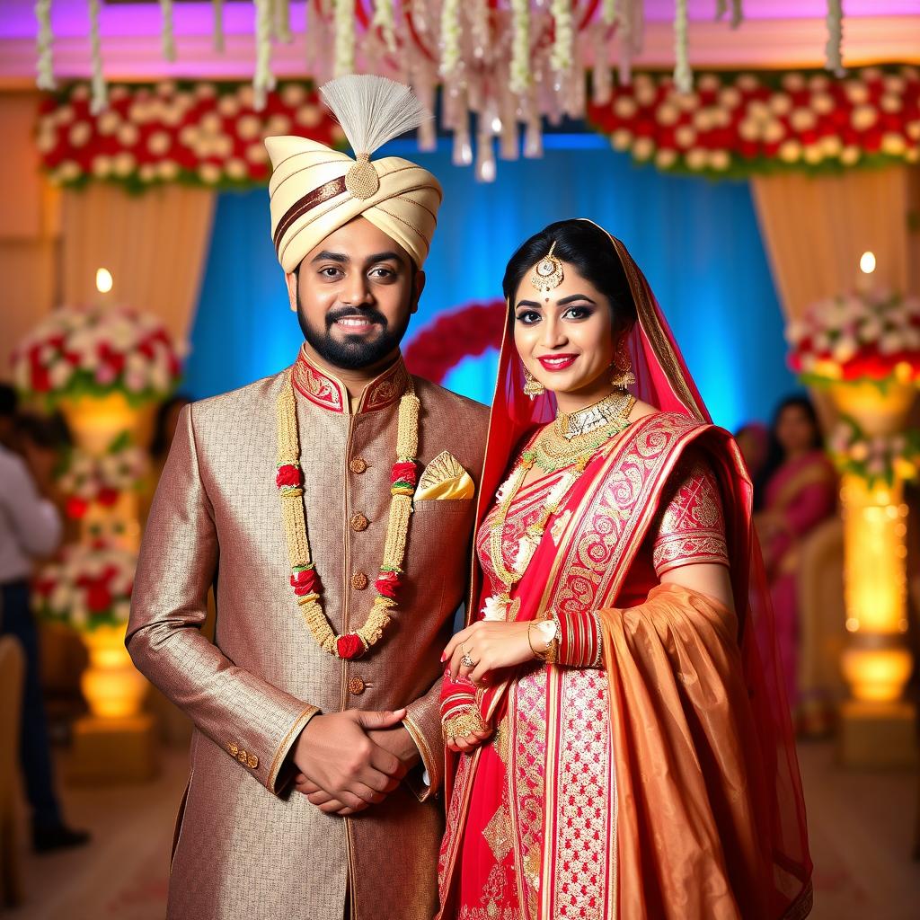 A stylish Indian man in an elegant traditional marriage suit, standing proudly beside a beautiful Indian bride adorned in a stunning red and gold bridal lehenga