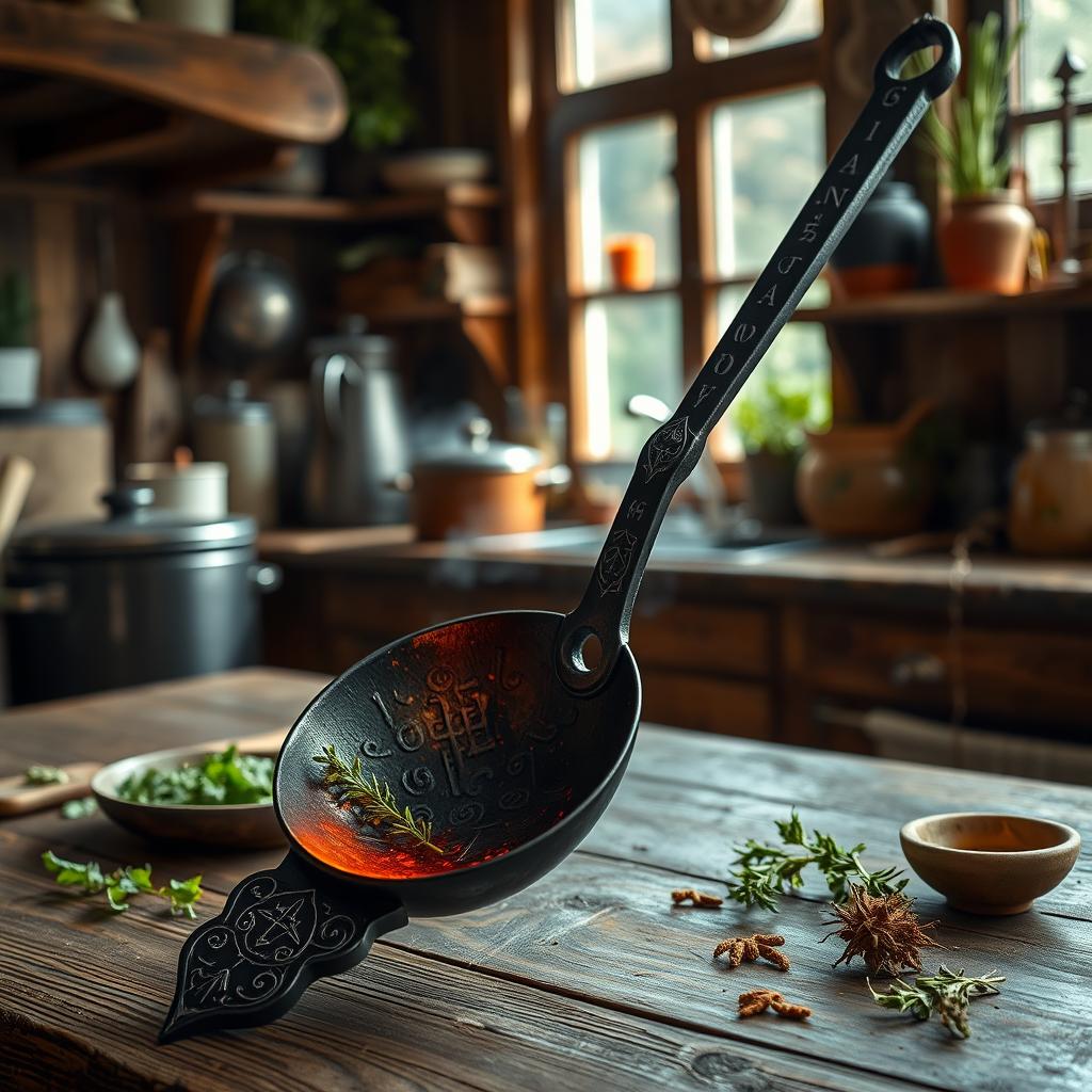 A long-handled ladle forged from blackened steel, intricately etched with delicate draconic runes