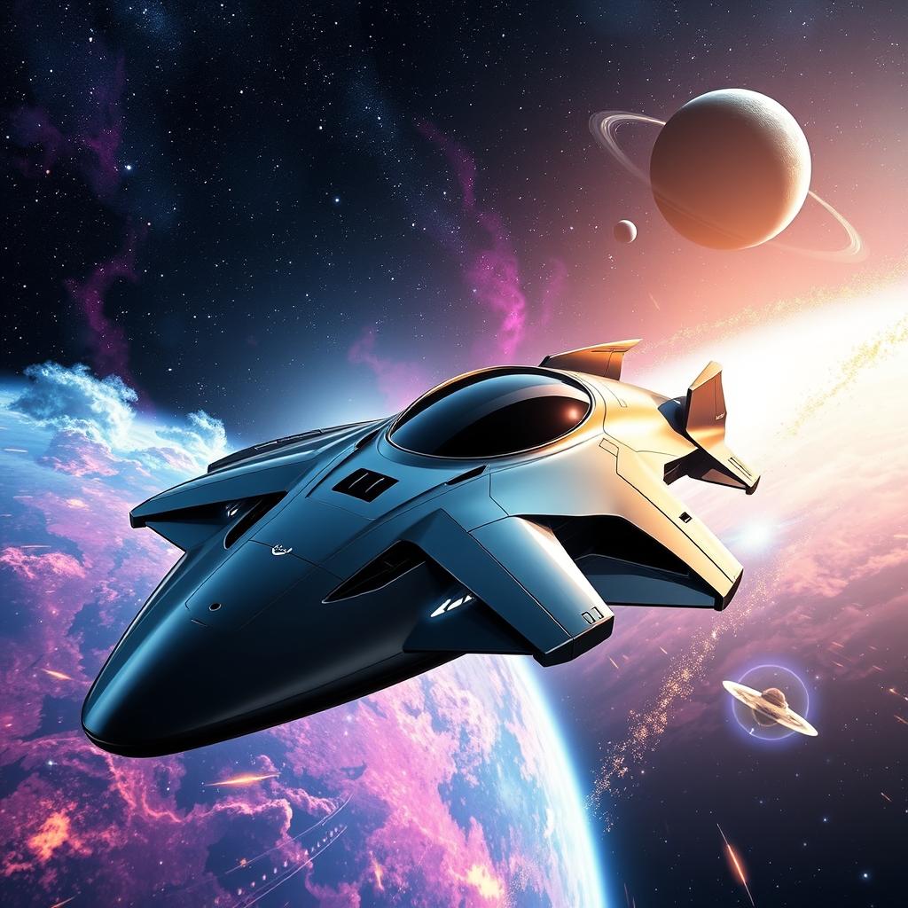 A futuristic space scene featuring the Voyage G5 spaceship, a sleek and aerodynamic craft with shining metallic surfaces and advanced technology