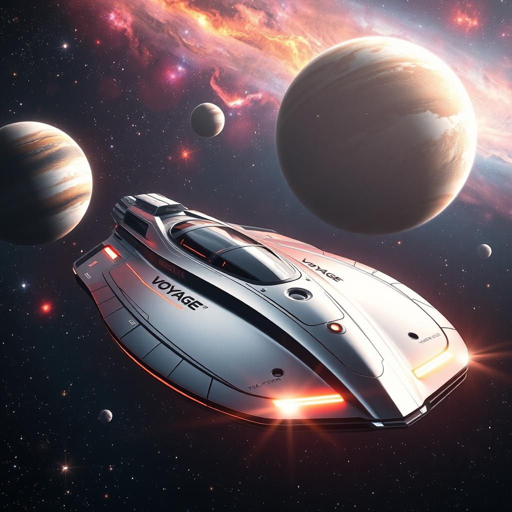 A captivating depiction of the Voyage G5 spaceship, showcasing its sleek and innovative design with a metallic sheen