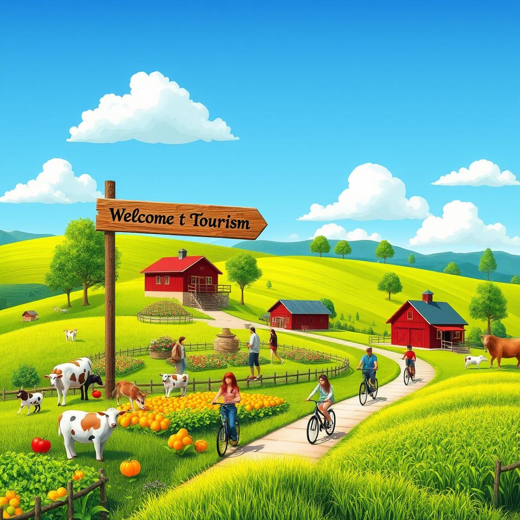 A picturesque scene of agro tourism featuring a vibrant farm landscape with rolling green hills, farm animals and crops in the foreground