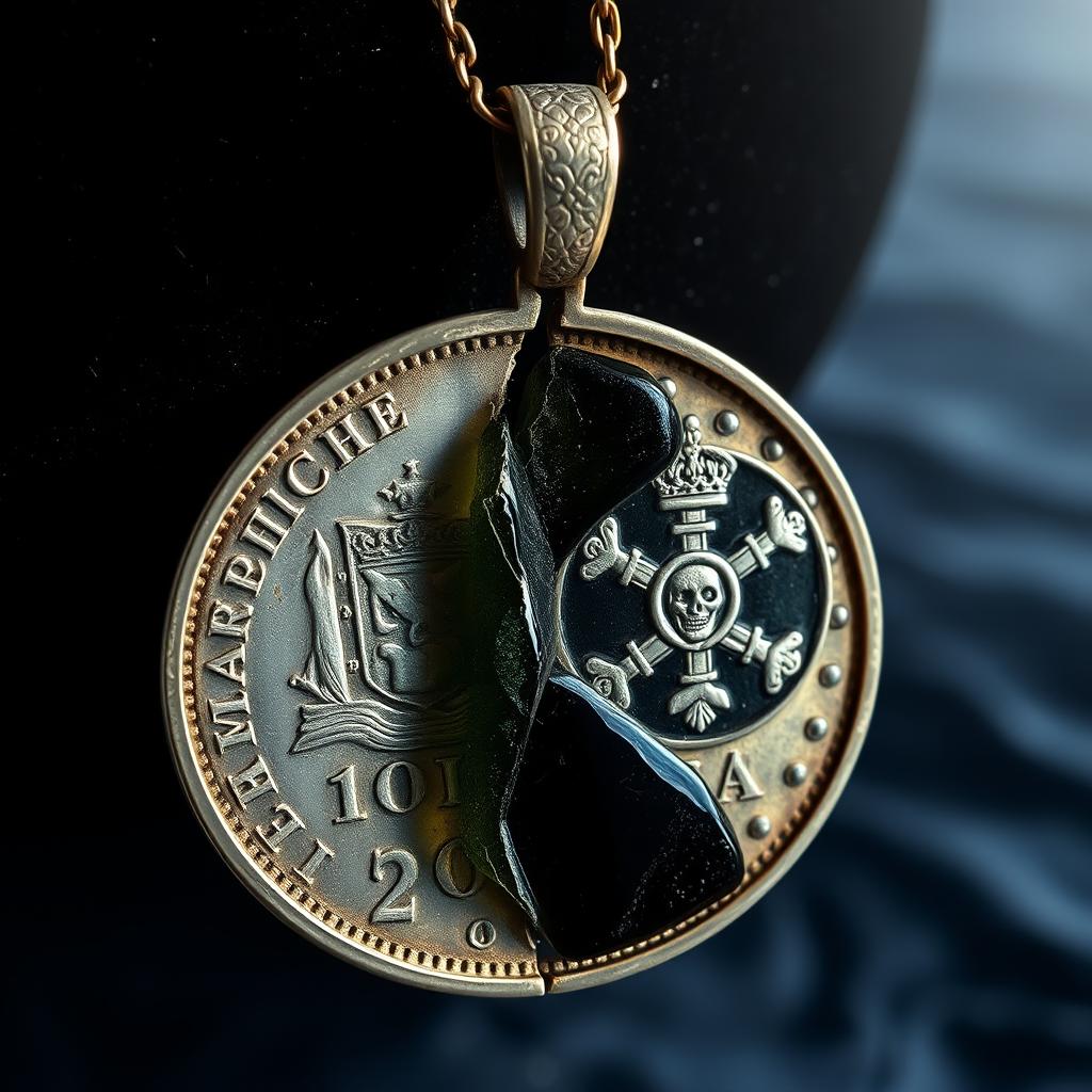 A beautifully crafted pendant made from a rare merchant coin, which is cracked in two and elegantly sealed with stunning black sea glass