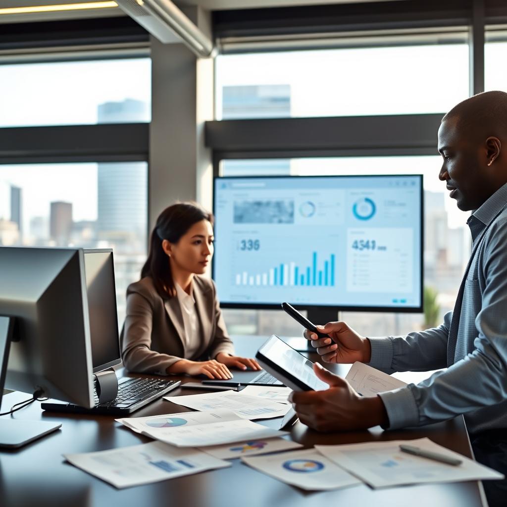 A sleek and modern office environment depicting professionals engaging with SAP Credit Management systems