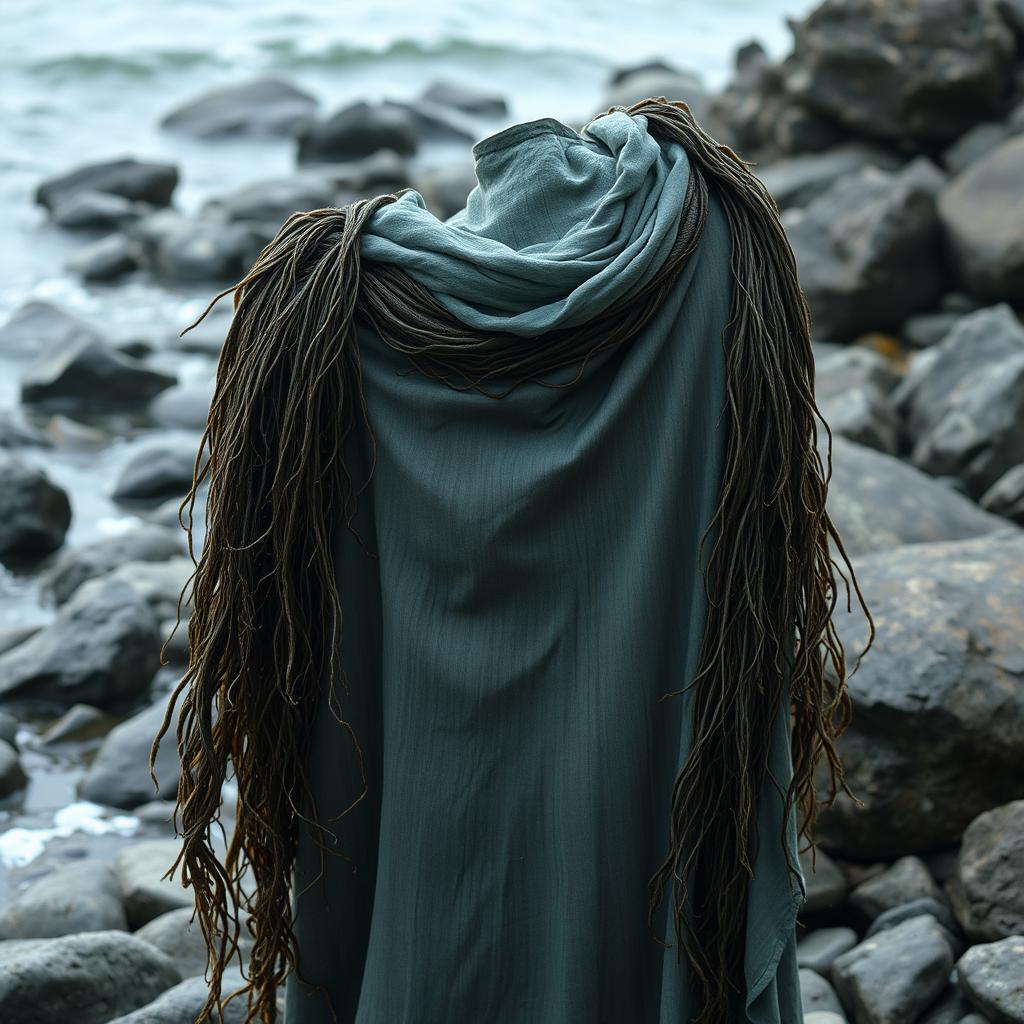 A tattered cloak draped with seaweed, exuding a faint scent of brine and old decay