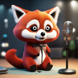 A 3D image of a sad, crying red panda singing in a recording studio