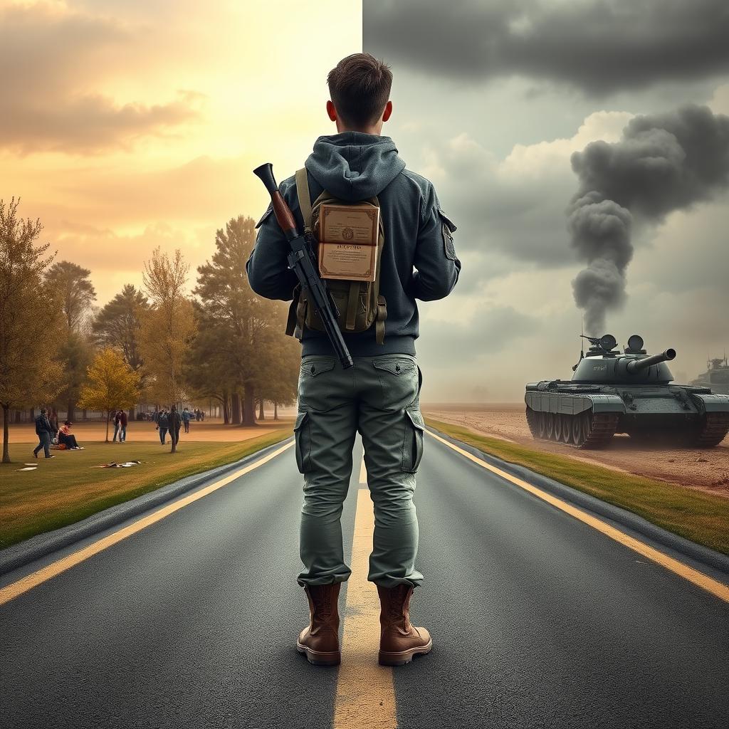 A young man stands alone in the center of the image, viewed from behind
