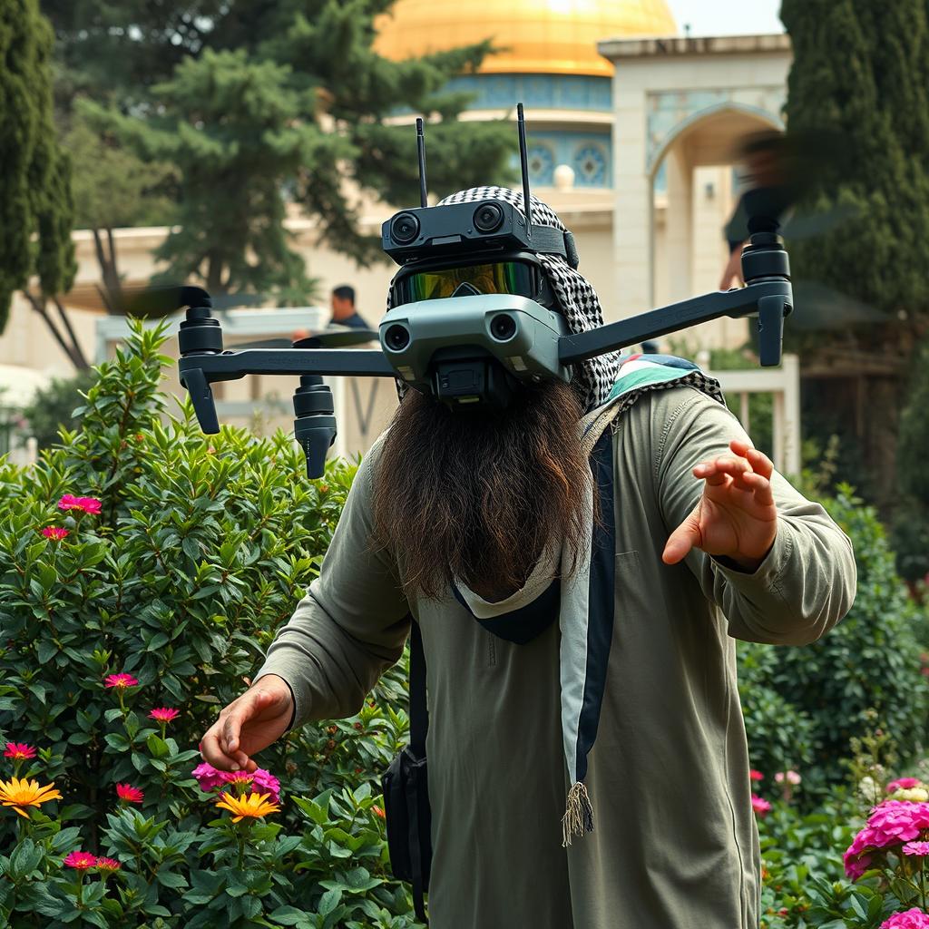 In the lush garden of Masjid Al-Aqsa, a large-built, long-bearded mujahid is actively flying a bombed FPV kamikaze quadcopter drone
