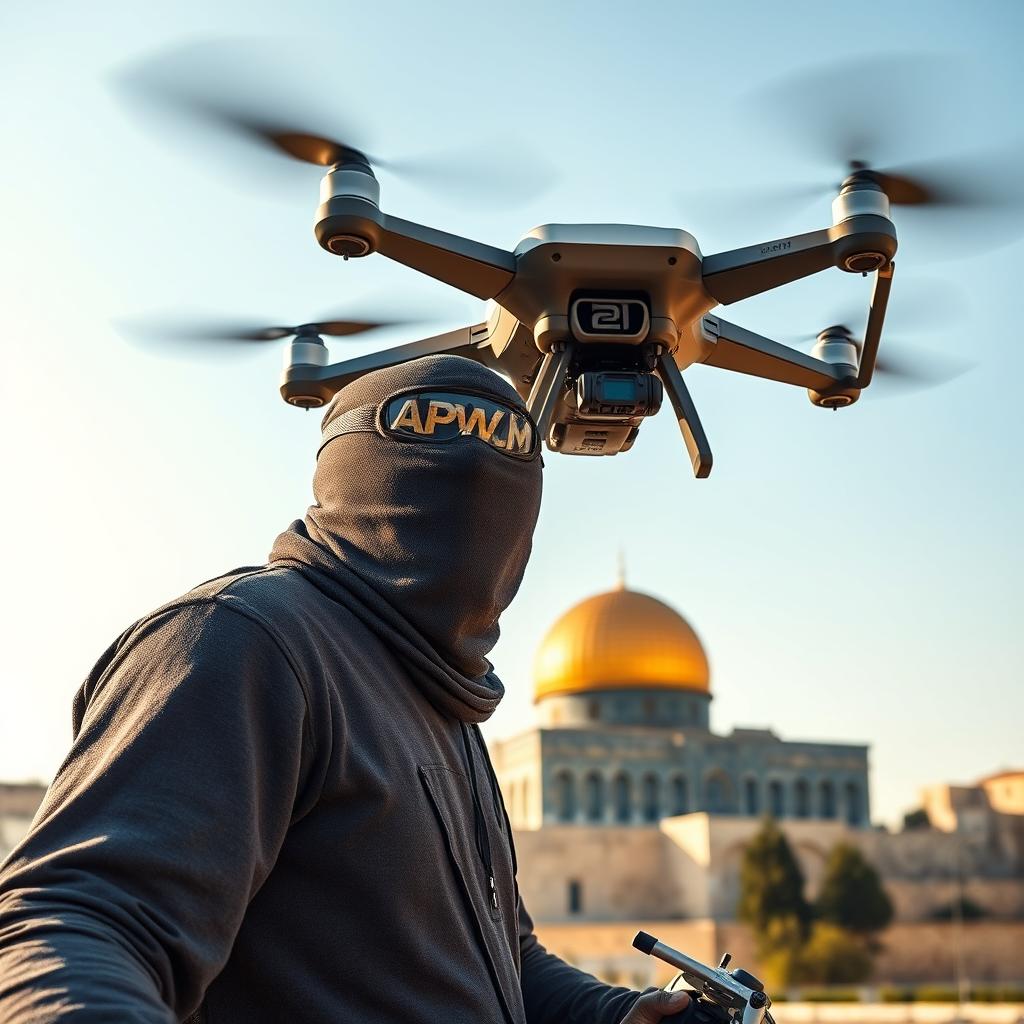A large-bodied mujahid, his face masked and wearing FPV goggles, skillfully operating an FPV quadcopter