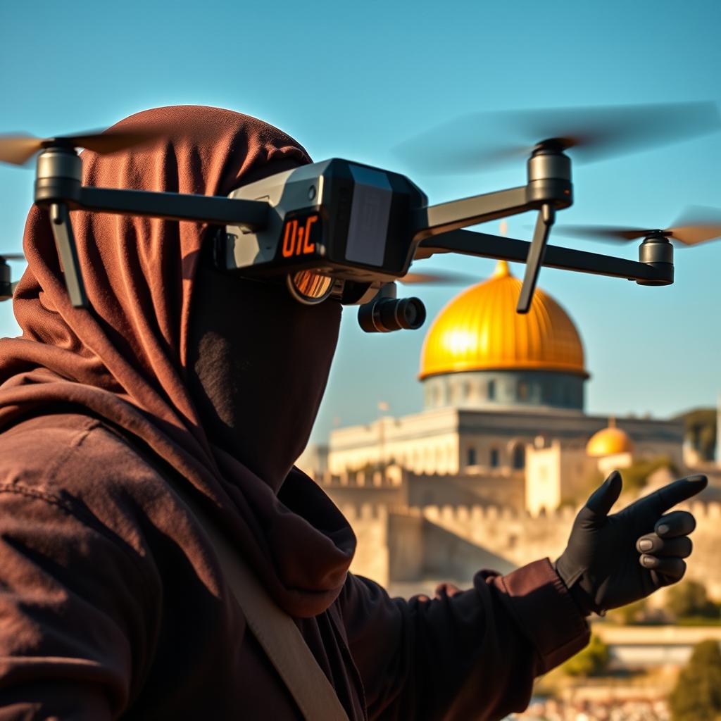 A large-bodied mujahid wearing a face mask and FPV goggles, skillfully piloting an FPV quadcopter