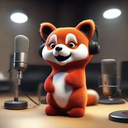 A 3D image of a sad, crying red panda singing in a recording studio