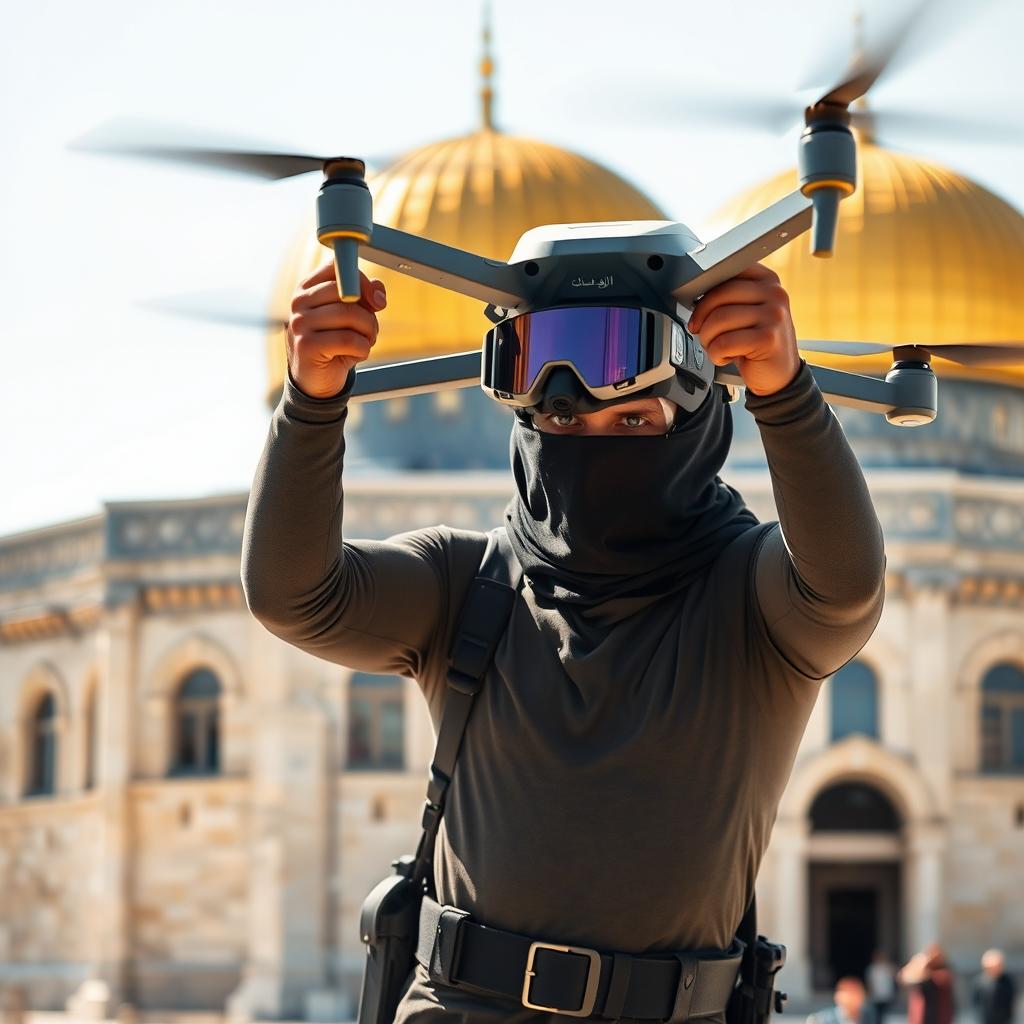 A fit bodied mujahid wearing a mask and FPV goggles flying a quadcopter