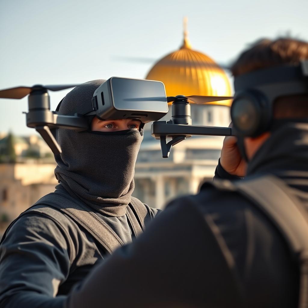 A fit-bodied mujahid with his face covered by a mask and wearing FPV goggles, expertly piloting a FPV quadcopter