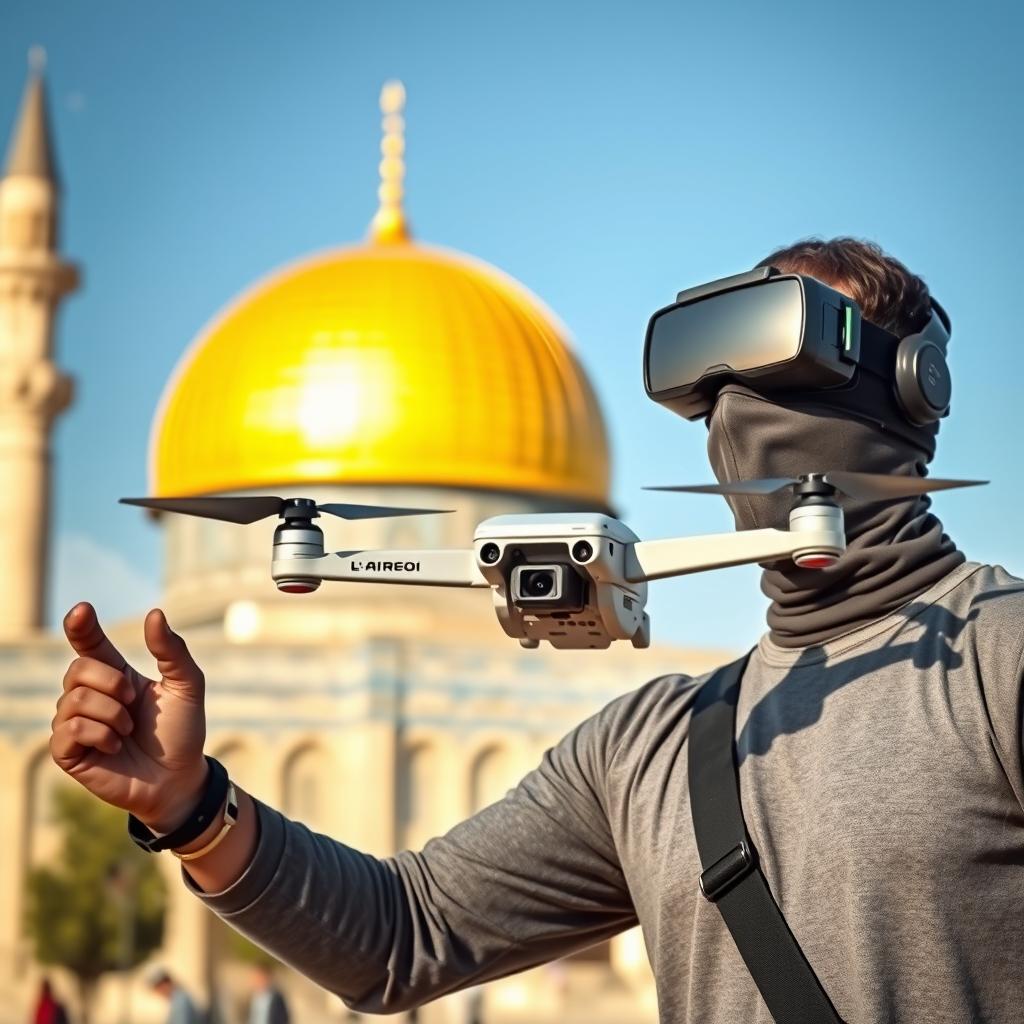 A fit bodied mujahid wearing a mask on his face and FPV goggles, skillfully flying an FPV quadcopter