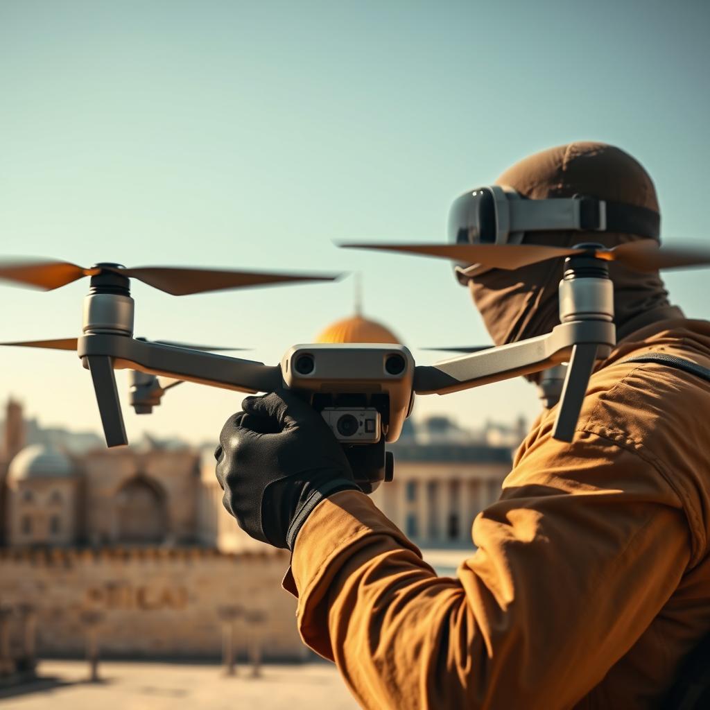 A fit-bodied mujahid with a mask on his face and wearing FPV goggles, skillfully piloting an FPV quadcopter