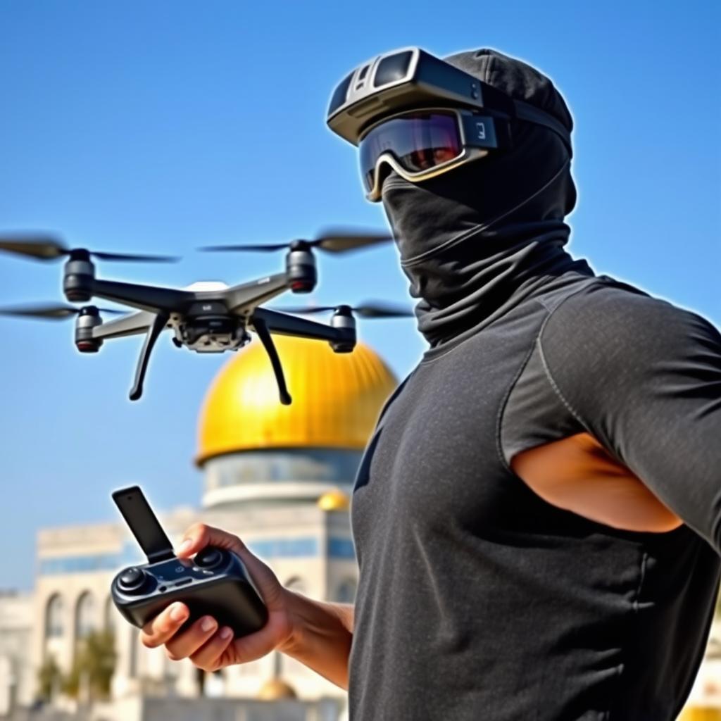 A fit-bodied mujahid wearing a mask on his face and FPV goggles, skillfully flying a FPV quadcopter