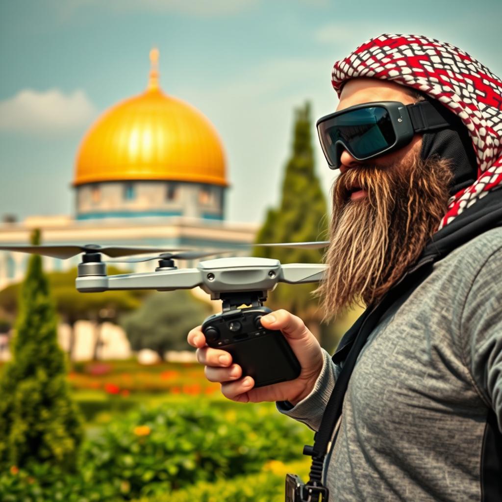 A skilled pilot flying an FPV quadcopter in the garden of Masjid Al-Aqsa, showcasing a vibrant scene with the renowned yellow dome of the mosque visible in the background