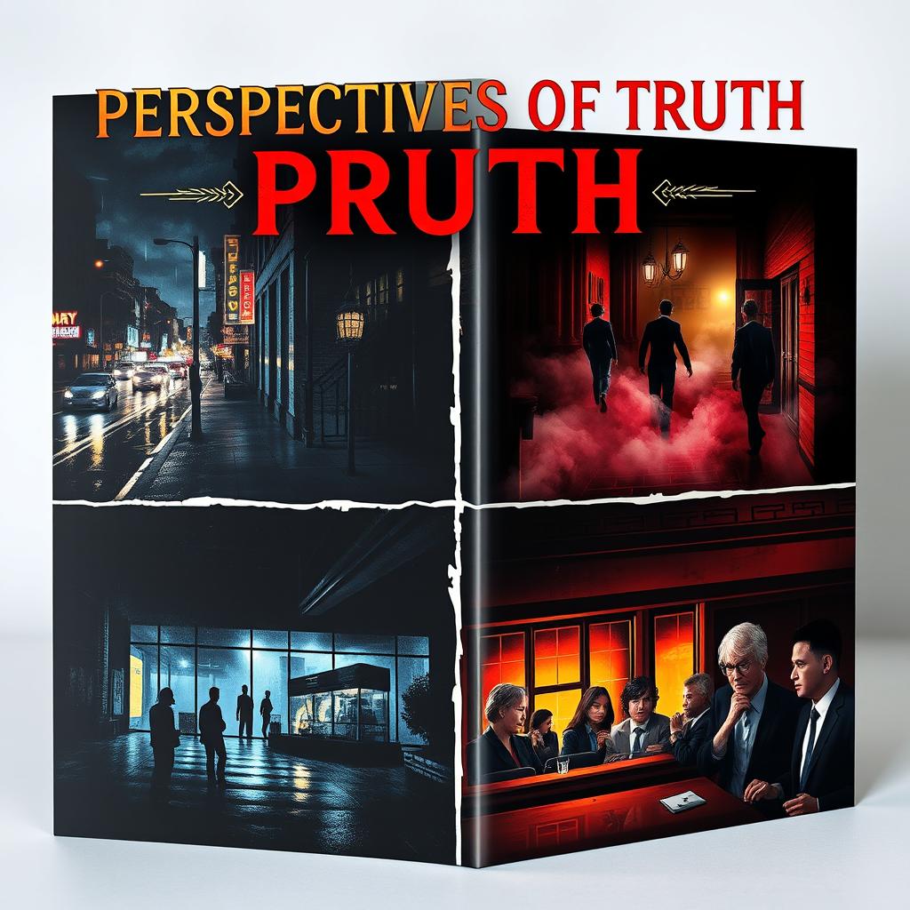 The cover of a captivating book titled 'Perspectives of Truth', featuring a visually striking design that portrays four distinct versions of the same crime scene
