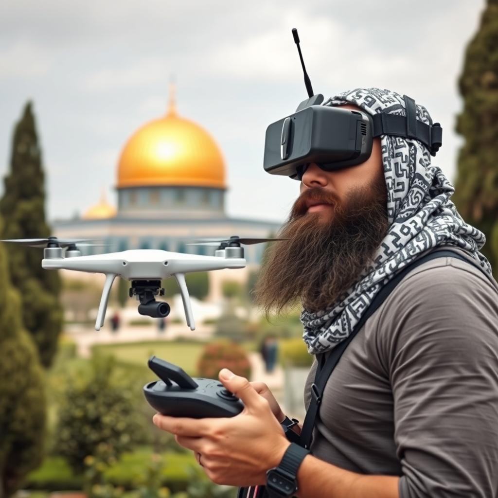 A male pilot flying an FPV quadcopter in the lush garden of Masjid Al-Aqsa, with a long beard and wearing a face mask