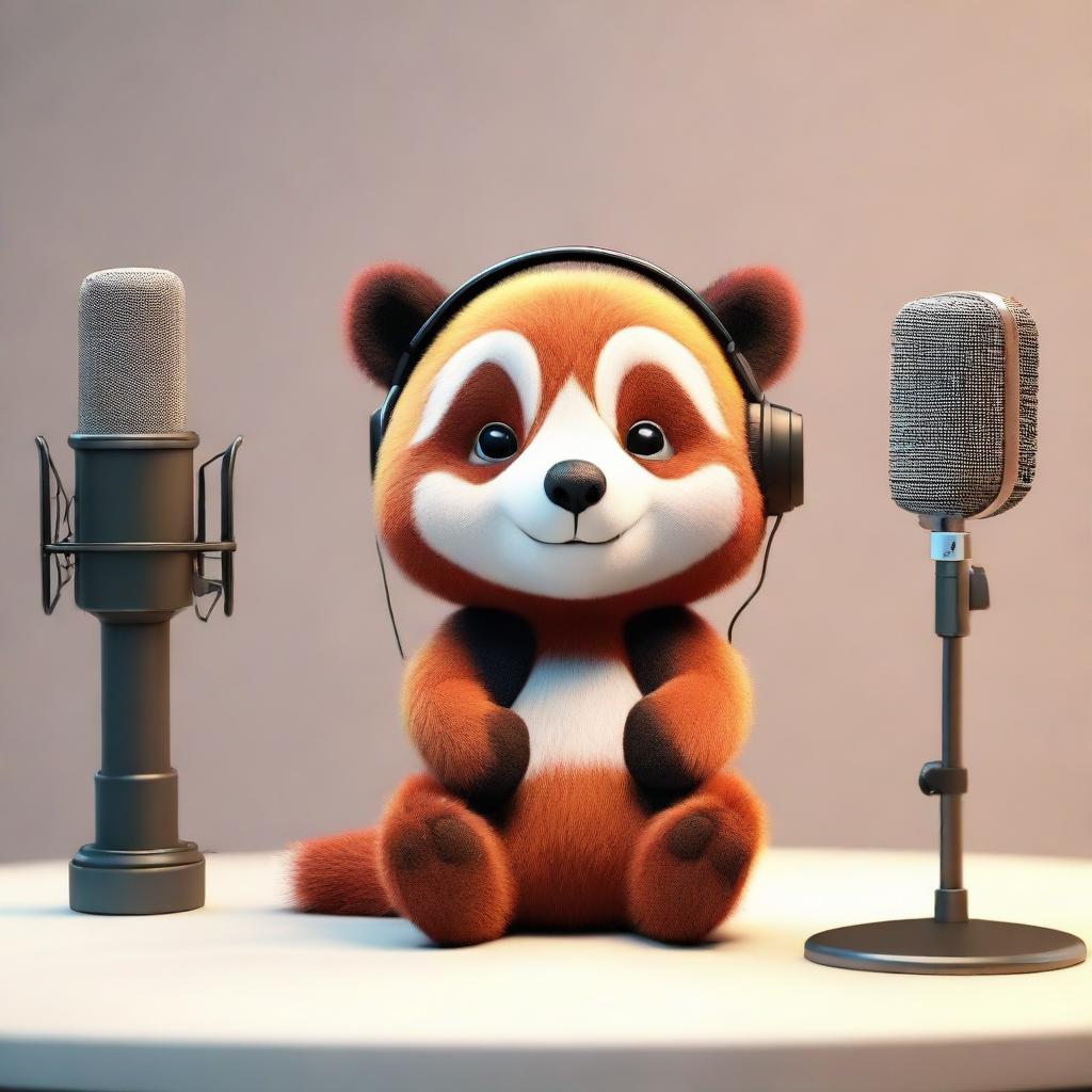 A 3D image of a sad, crying red panda singing in a recording studio