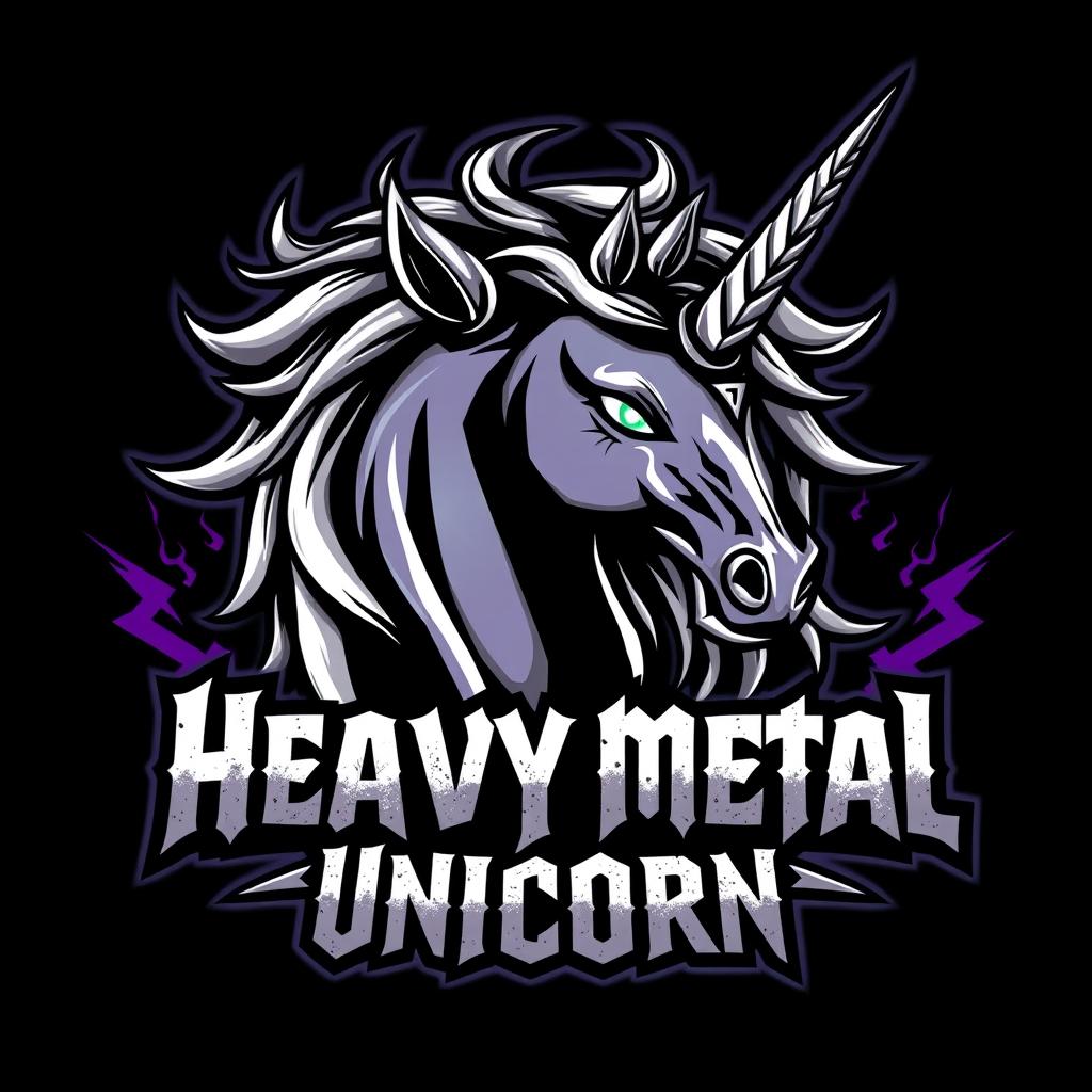 A bold and striking logo design featuring a heavy metal unicorn