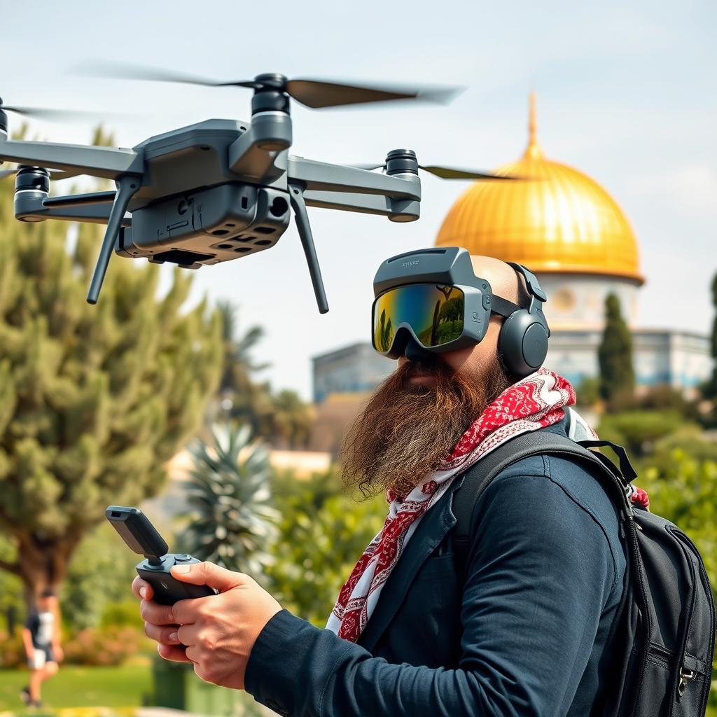 A scene featuring a pilot flying an FPV quadcopter in the lush garden of Masjid Al-Aqsa