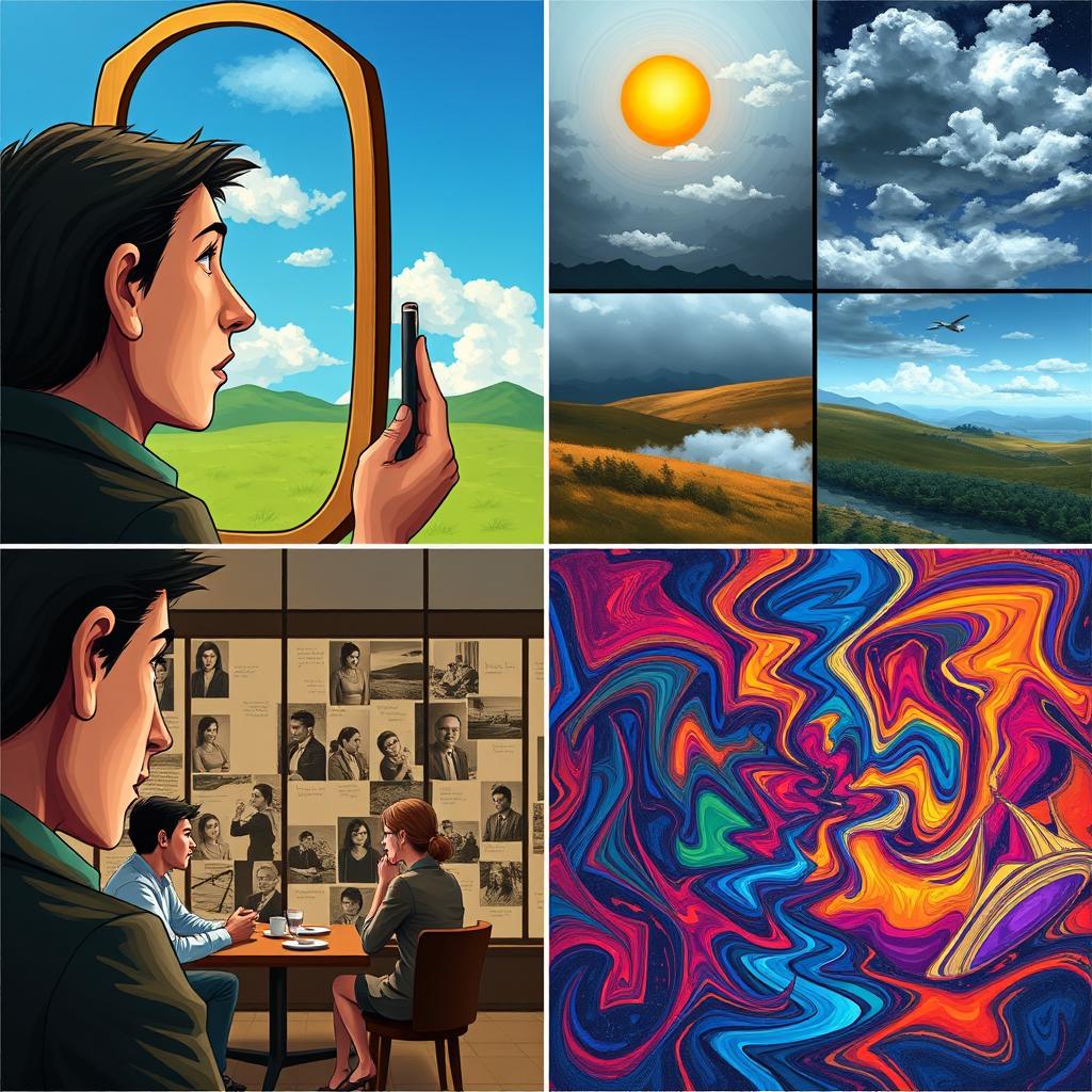 Four distinct artistic representations of the concept of 'truth', each illustrated from a different perspective