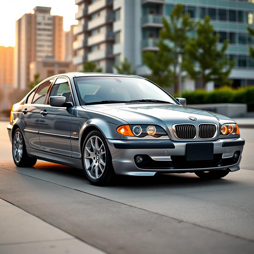 A sleek BMW 320d E46, a classic German sedan, impeccably detailed with its distinctive kidney grille, sharp headlights, and streamlined body
