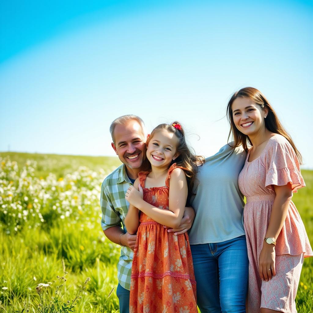 A warm family portrait capturing a happy father, daughter, and wife together in a beautiful outdoor setting