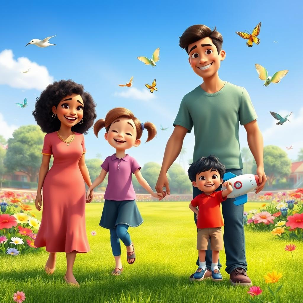 A heartwarming family scene inspired by Pixar animation style, featuring a diverse family of four