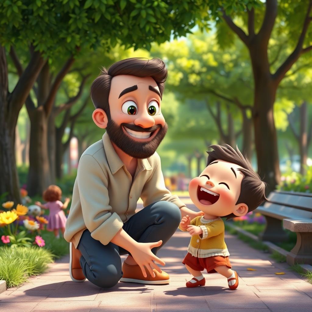 A whimsical, heartwarming scene featuring a loving, animated father character in the style of Pixar