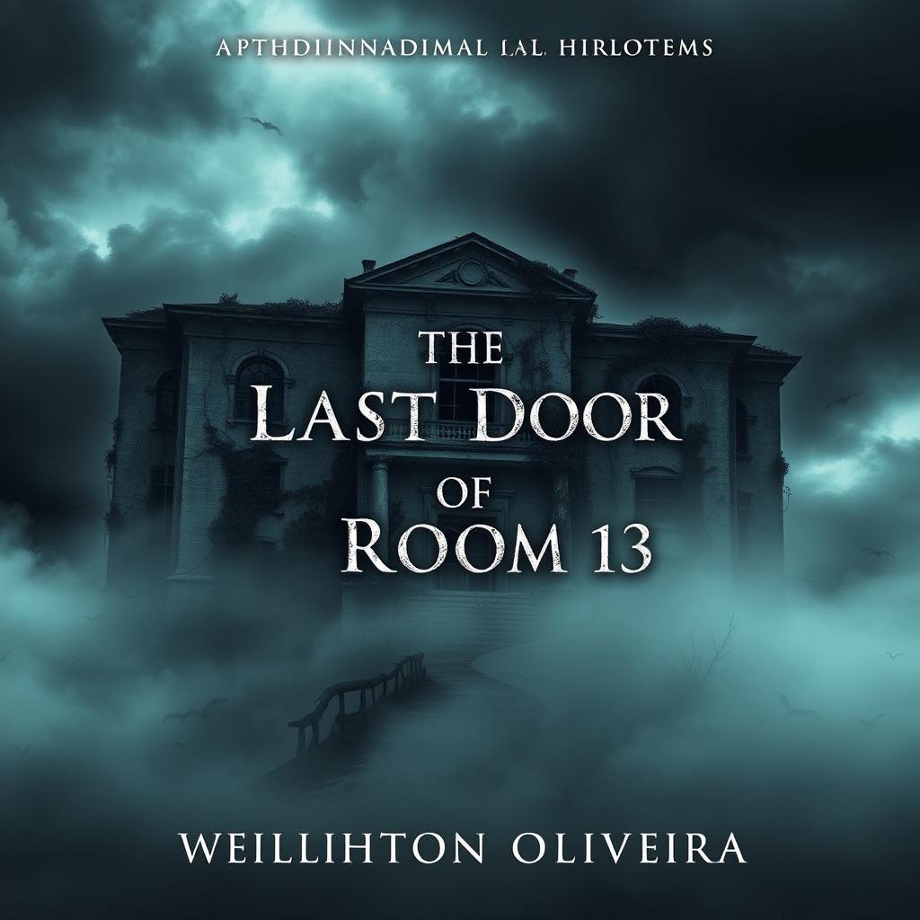 A chilling book cover for a psychological/paranormal horror novel titled 'The Last Door of Room 13' by Wellington Oliveira