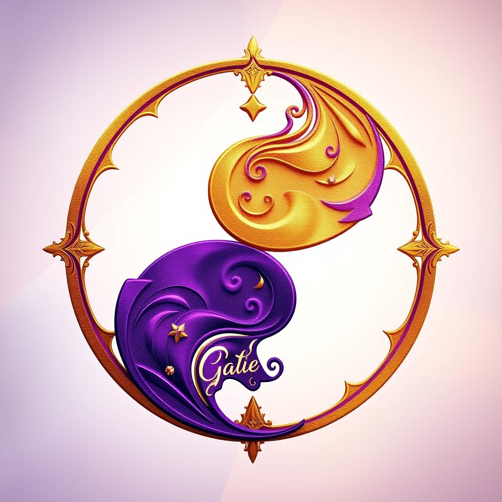 A beautifully designed yin yang symbol predominantly featuring rich purple and vibrant gold colors