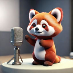 A 3D image of a sad, crying red panda singing in a recording studio