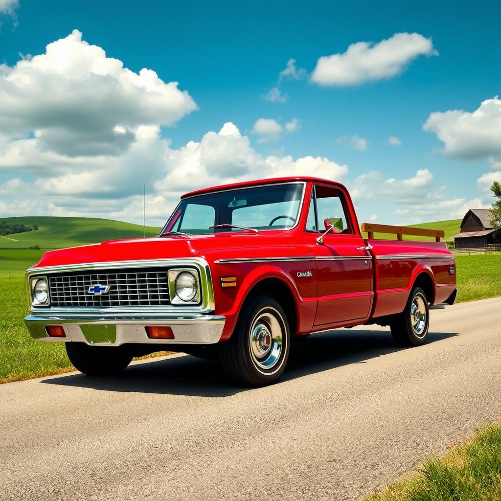 A stunning vintage Chevrolet C10 from 1972, parked on a scenic country road surrounded by lush green fields and rolling hills