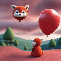 A 3D image of a child with a red panda's face, sitting looking at a landscape with a cloudy red sky and holding a balloon in their hand