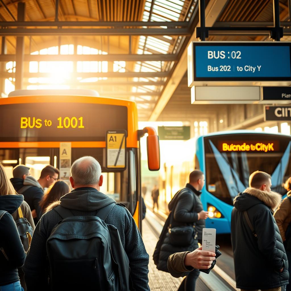 A bustling scene at Central Station showcasing bus departures