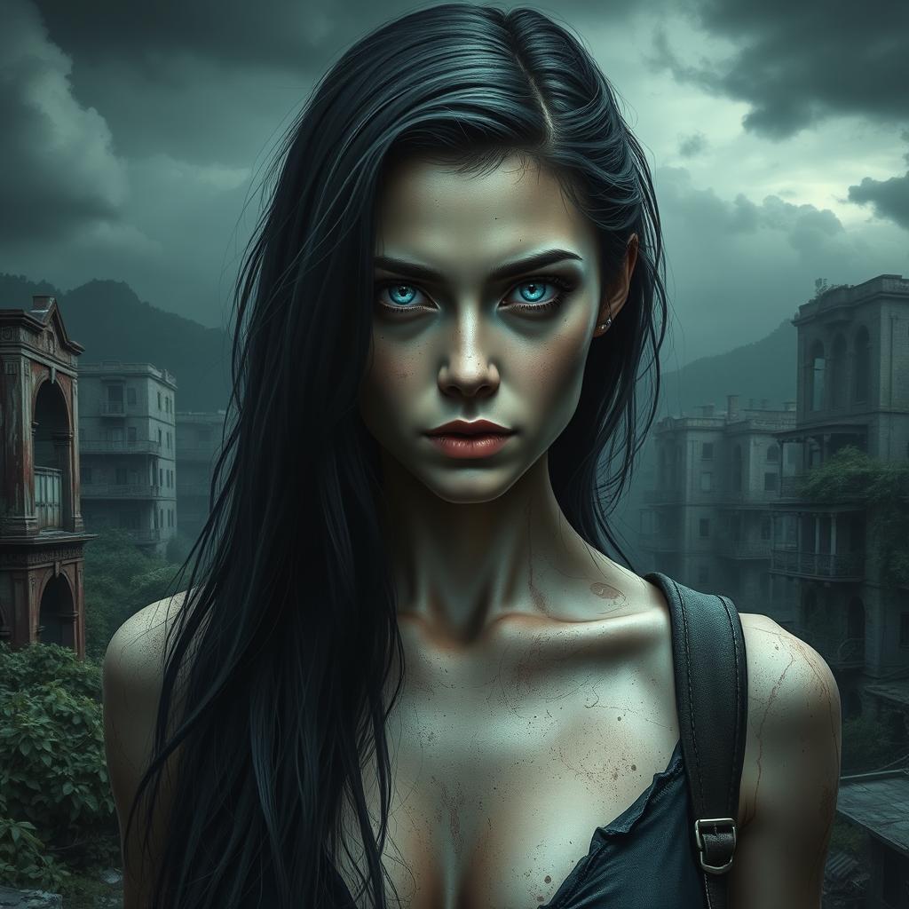 A striking female character inspired by a post-apocalyptic theme, resembling a figure from a zombie genre