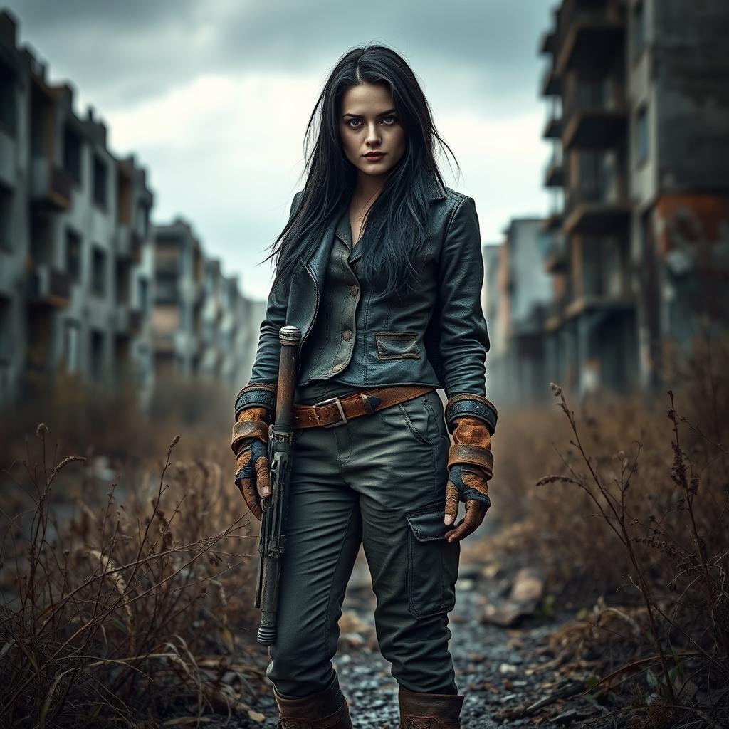 A young woman inspired by 'The Walking Dead', with long black hair and striking blue eyes, around 25 years old