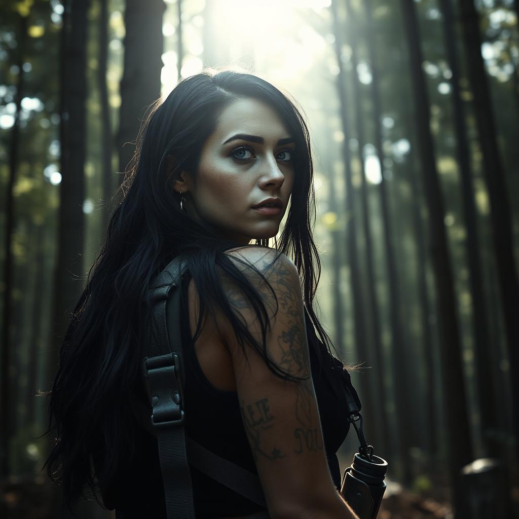 A woman resembling a character from a post-apocalyptic scene inspired by 'The Walking Dead'
