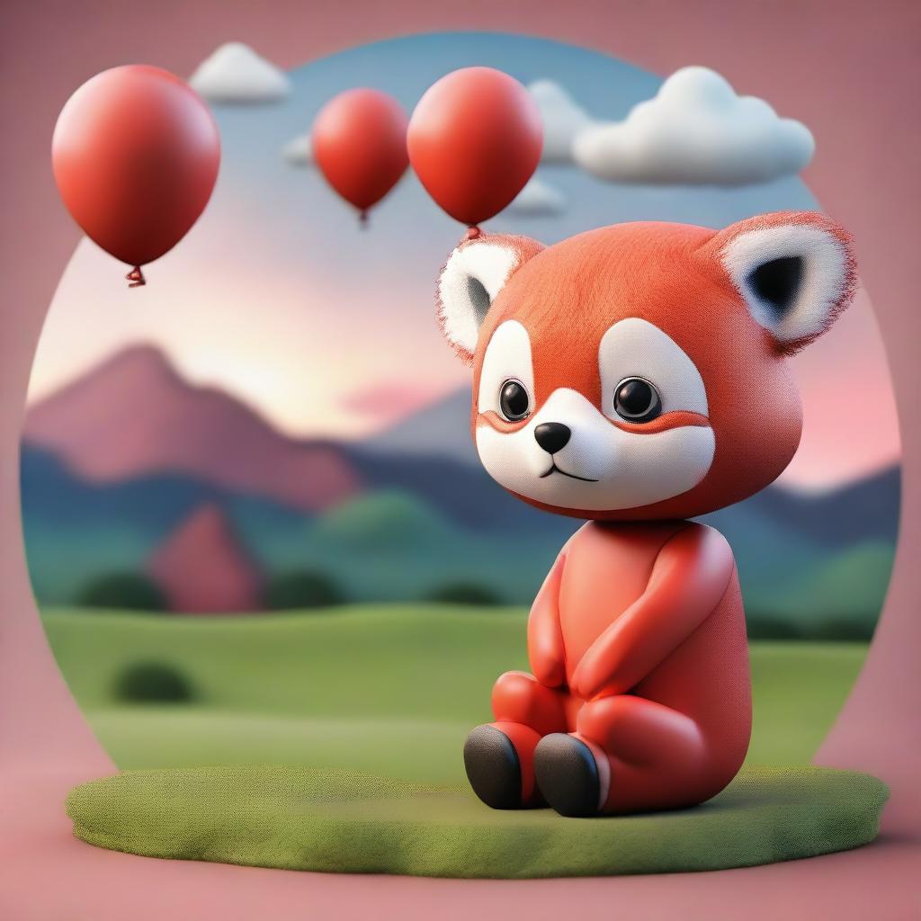 A 3D image of a child with a red panda's face, sitting looking at a landscape with a cloudy red sky and holding a balloon in their hand