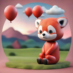 A 3D image of a child with a red panda's face, sitting looking at a landscape with a cloudy red sky and holding a balloon in their hand